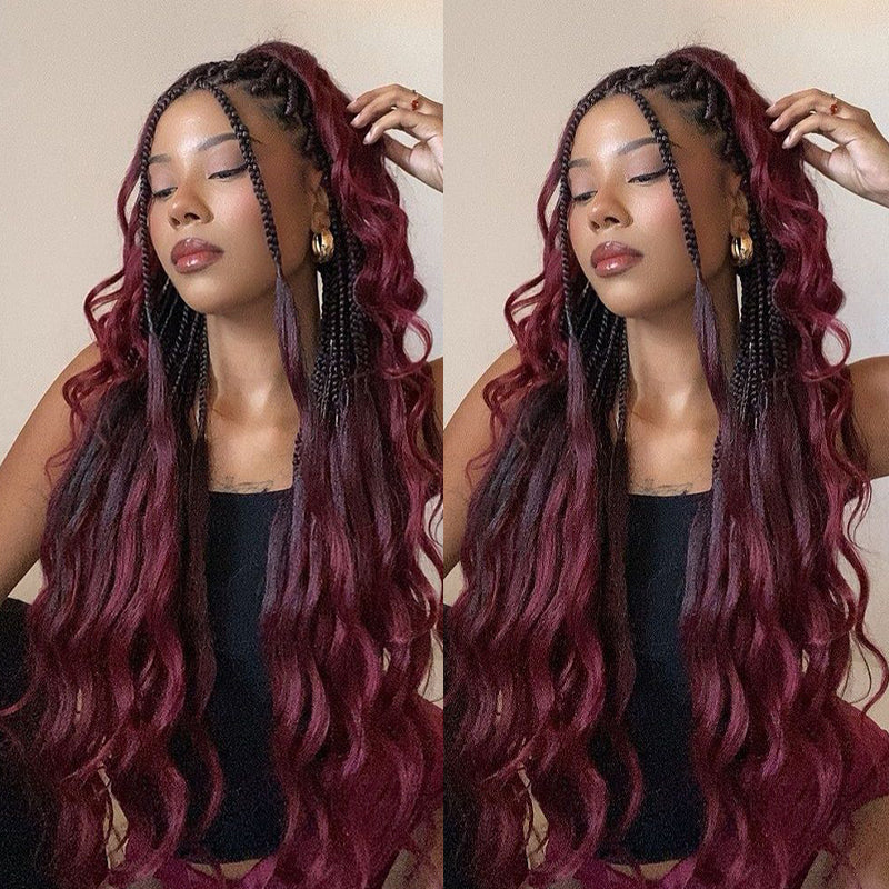 Model With Long Burgundy Body Wave Hair in Braided Style, Highlighting Softness and Color