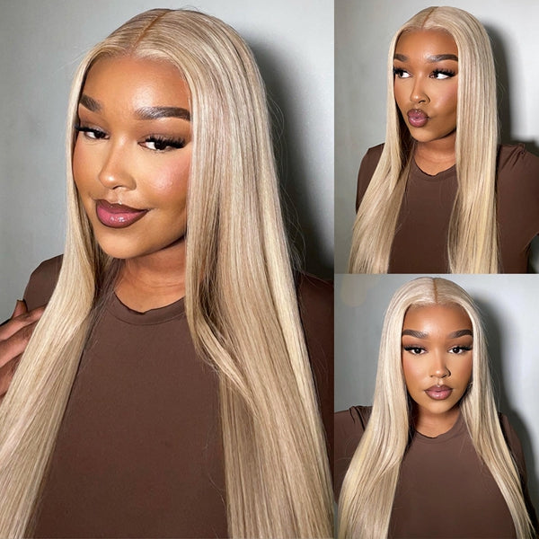 Woman With Sleek Blonde Hair and Natural Makeup in a Brown Top, Posing for Multiple Shots