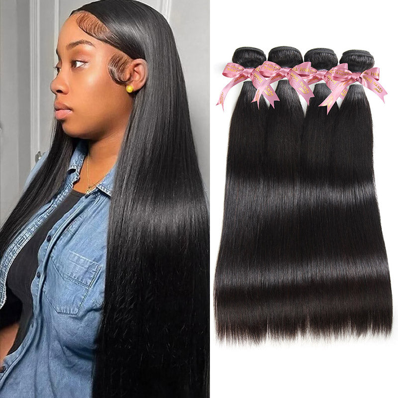 Model With Long Straight Black Hair and Four Bundles of Straight Hair Extensions
