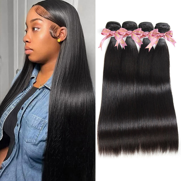 Model With Long Straight Black Hair and Four Bundles of Straight Hair Extensions