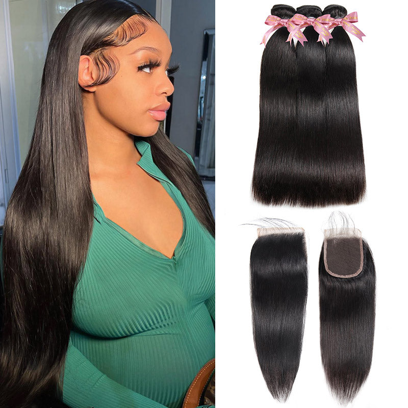 Woman With Long Straight Black Hair and Ishow Straight Hair Bundles With Lace Closure