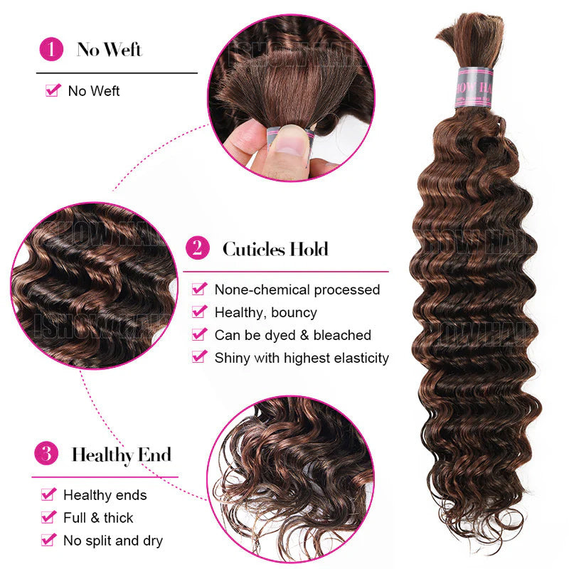 Ishow Hair Bulk Human Hair - Deep Wave, Healthy Ends, No Weft, and P4/30 Piano Color