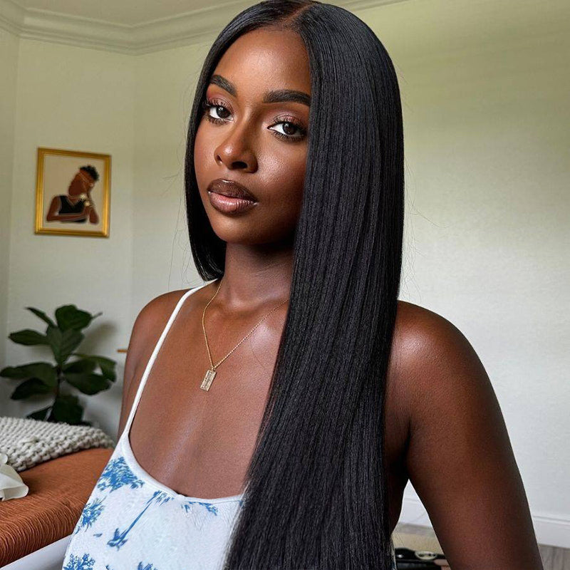 A Black Skin Women Installed Upgrade Yaki Straight Style Hair, Inside Room Background