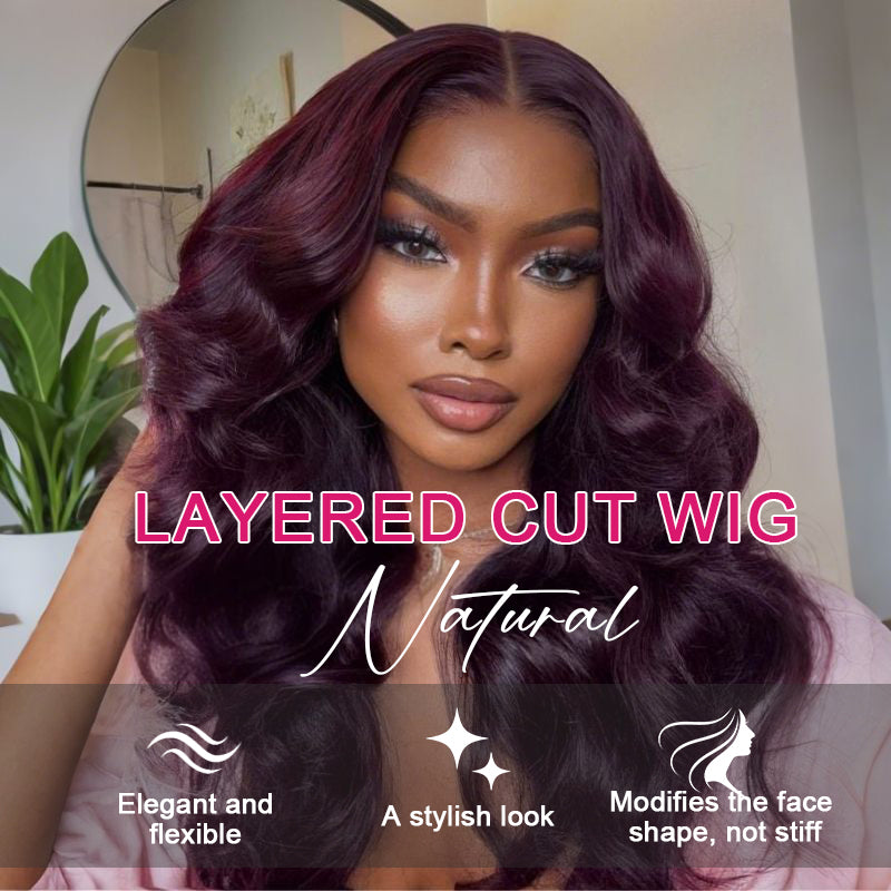 Black Cherry Layered Cut Wig. Natural Look, Human Hair Wig