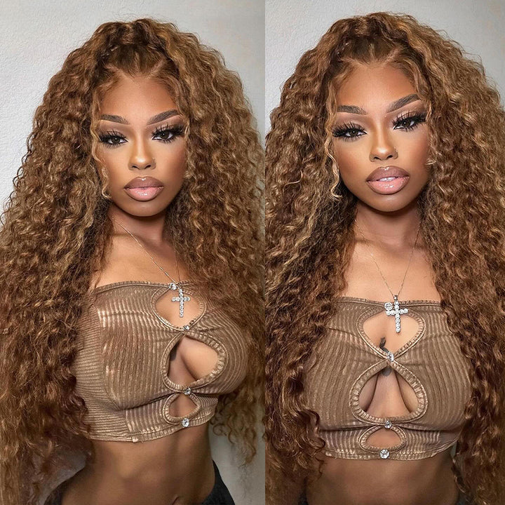 Woman wearing Ishow Honey Blonde Deep Wave Wig with HD Lace, middle part, 100% human hair