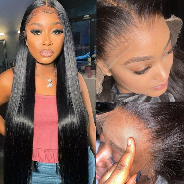 Model Wearing Long Straight Human Hair Wig With Natural Hairline