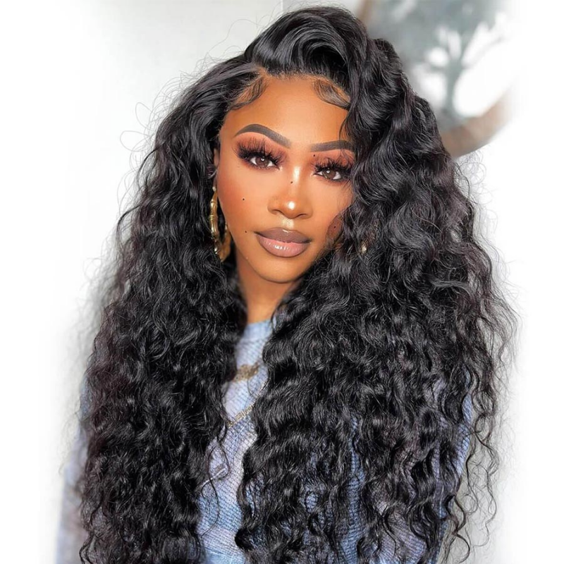 Woman wearing Ishow Hair 5x5 HD lace loose deep wave wig, glueless human hair wig in natural black, showcasing its voluminous and shiny wave texture.