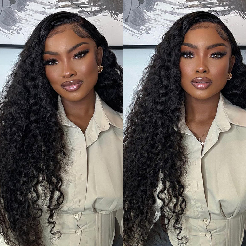 Model Displaying Ishow Hair Malaysian Deep Wave Bundles and Lace Frontal in Natural Style