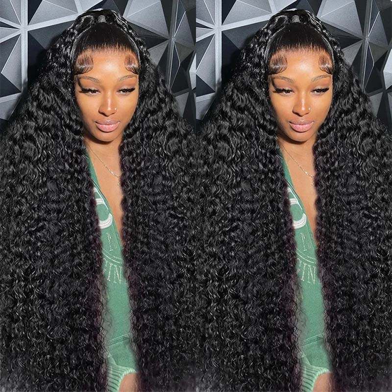 Glowing Model Wearing 40-Inch Deep Wave Natural Black Wig With Defined Curls