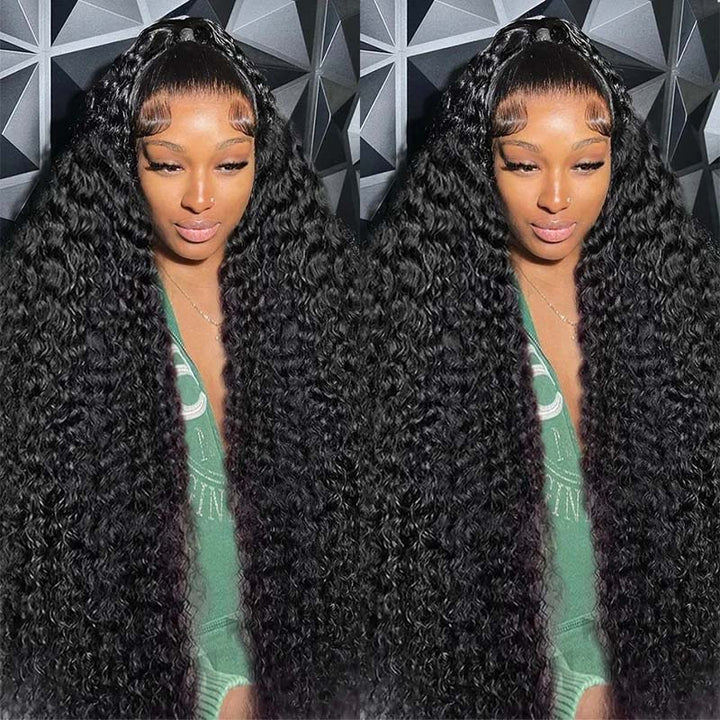 Glowing Model Wearing 40-Inch Deep Wave Natural Black Wig With Defined Curls
