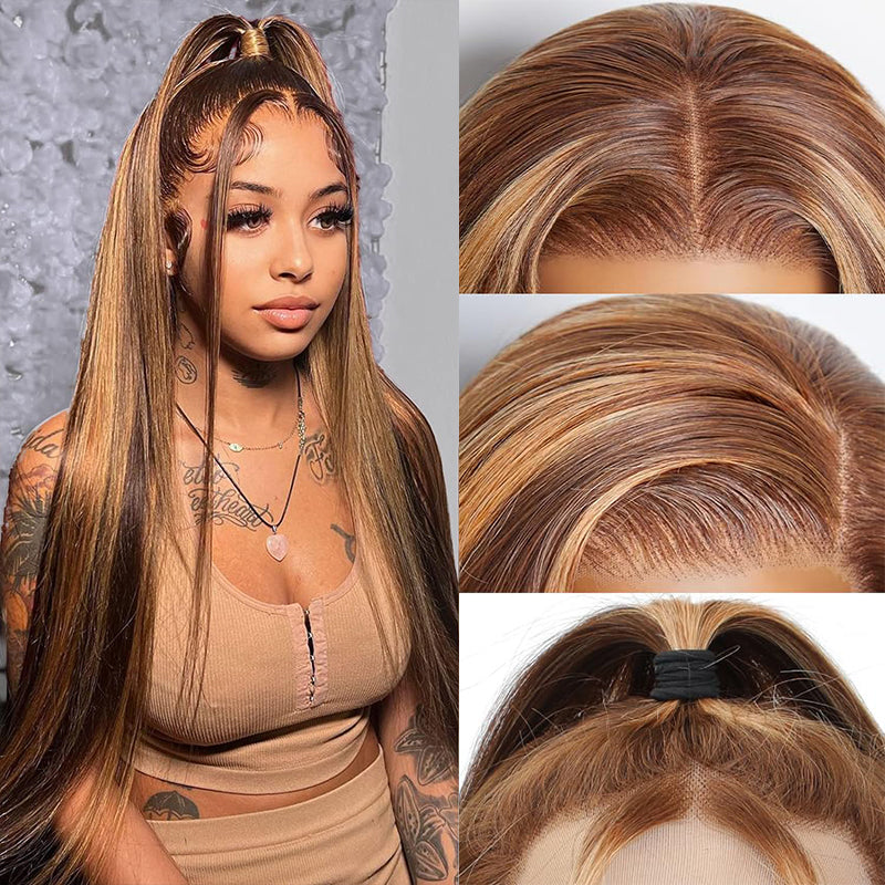Glueless Balayage Highlight Straight Wig Styled With a High Ponytail On a Model