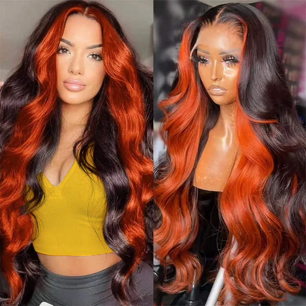Ginger Black Color Wigs On Model and Mannequin, Showcasing Body Wave Style