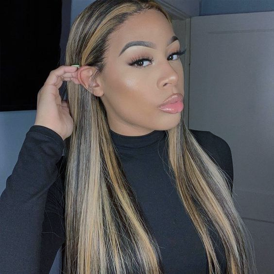 Model Wearing a 1B/27 Straight HD Lace Frontal Wig, Highlighting Texture and Color