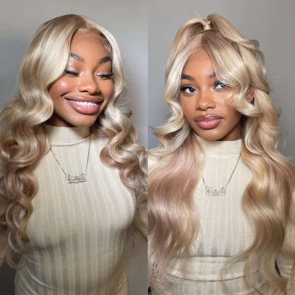 Model With Body Wave Blonde Wig and High Ponytail, Smiling Brightly