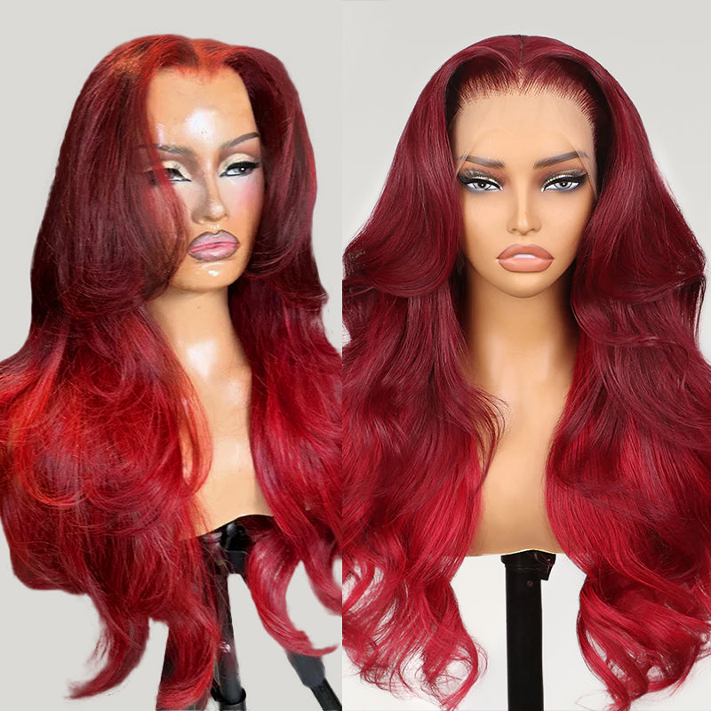 Ombre Red Body Wave Lace Front Wig On Mannequin