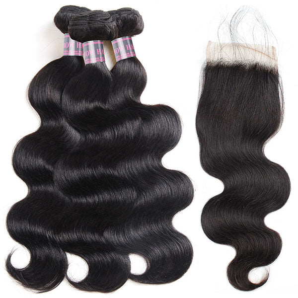 Three Bundles of Body Wave Black Human Hair With Matching Lace Closure for Sale