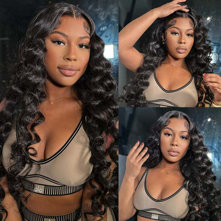 Model Showcasing Loose Wave Black Wig With Curls, Highlighting Natural Texture and Volume