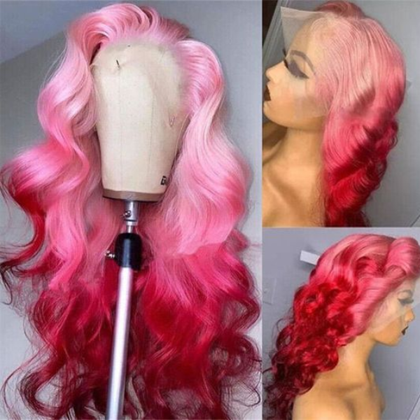 Barbie Pink Ombre Body Wave Lace Frontal Wig Displayed On Mannequin and Model