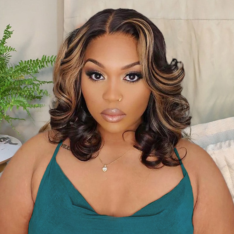Woman Showcasing Highlight Blonde Bob Wig With Soft Body Wave Hairstyle