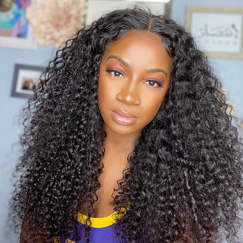 Woman With Stunning Kinky Curly Human Hair Wig, Highlighting Natural Black Texture