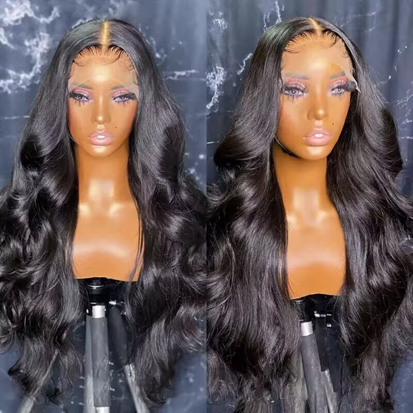 Body Wave HD Lace Frontal Wig Displayed On a Mannequin, Showcasing a Natural Black Color