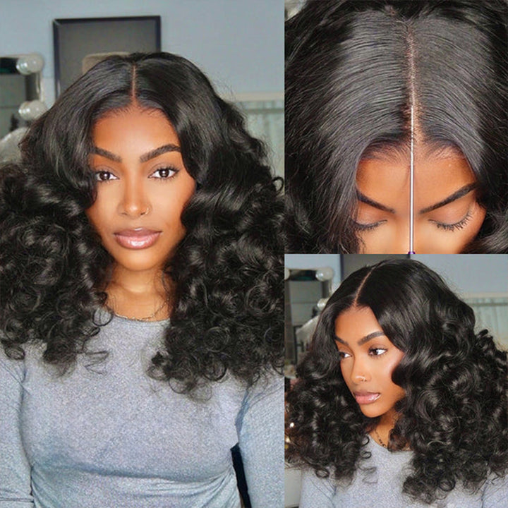 women wearing a funmi curly thick bouncy hair wig features with glueless