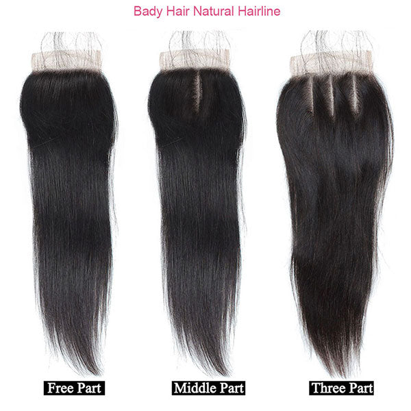 Three Lace Closures With Straight Black Hair: Free Part, Middle Part, and Three Part