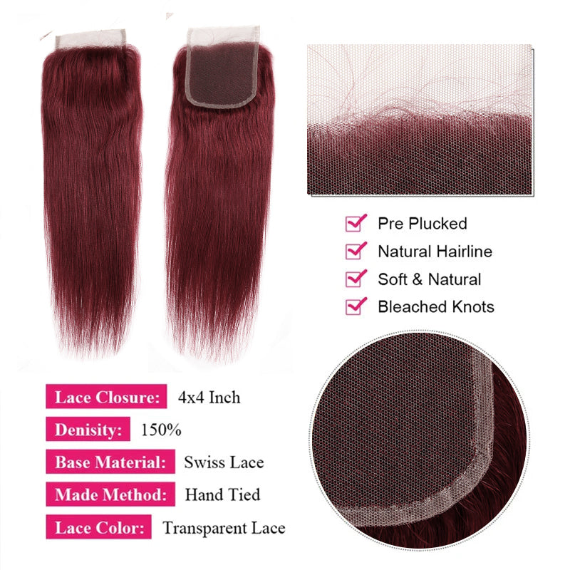 4X4 Inch Transparent Lace Closure for 99J Burgundy Straight Hair Bundles, Pre-Plucked