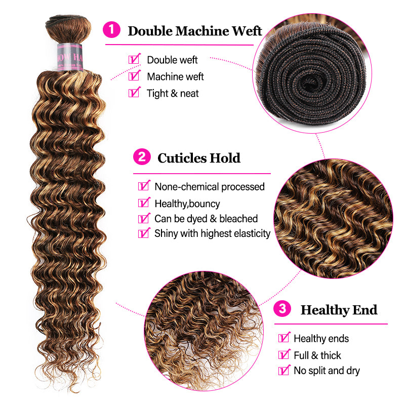 Honey Blonde Deep Wave Hair Extensions Highlighting Curls and Product Features