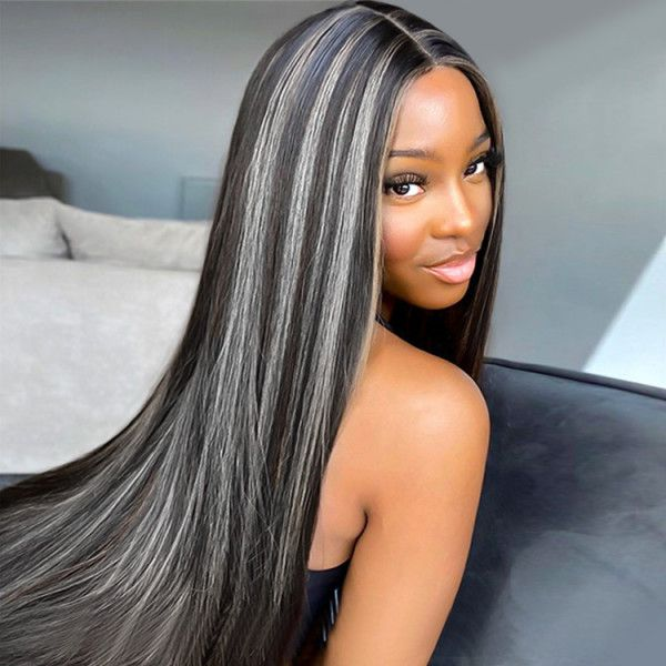 Woman Showcasing Straight Lace Front Wig With Gray Highlights On Black Hair