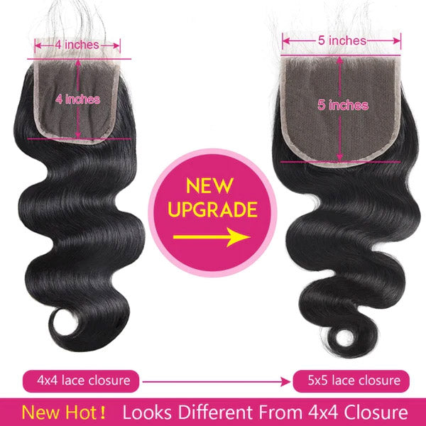 5X5 Lace Closure Comparing 4X4 and 5X5 Designs, Featuring Body Wave Texture