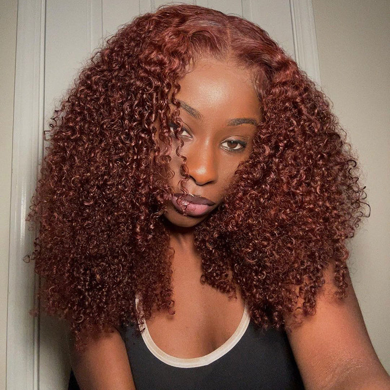 Woman modeling Ishow Curly Reddish Brown Auburn #33 Wig with HD Lace, natural curly texture, and pre-plucked hairline.