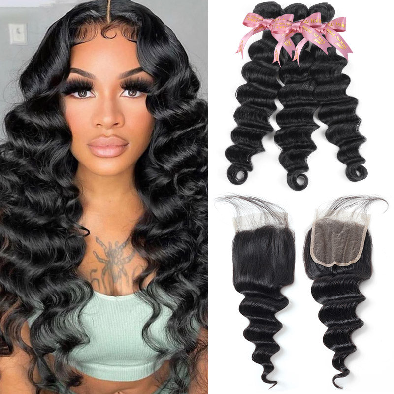 Woman with long, loose wave styled hair in a blue top alongside three bundles of loose wave hair with pink ribbons and two lace closures.