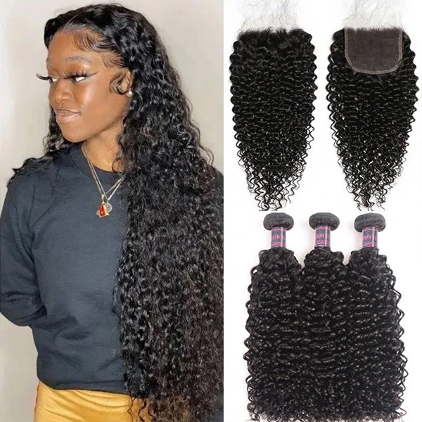 Model With Long Kinky Curly Hair Beside 3 Bundles and Lace Closure