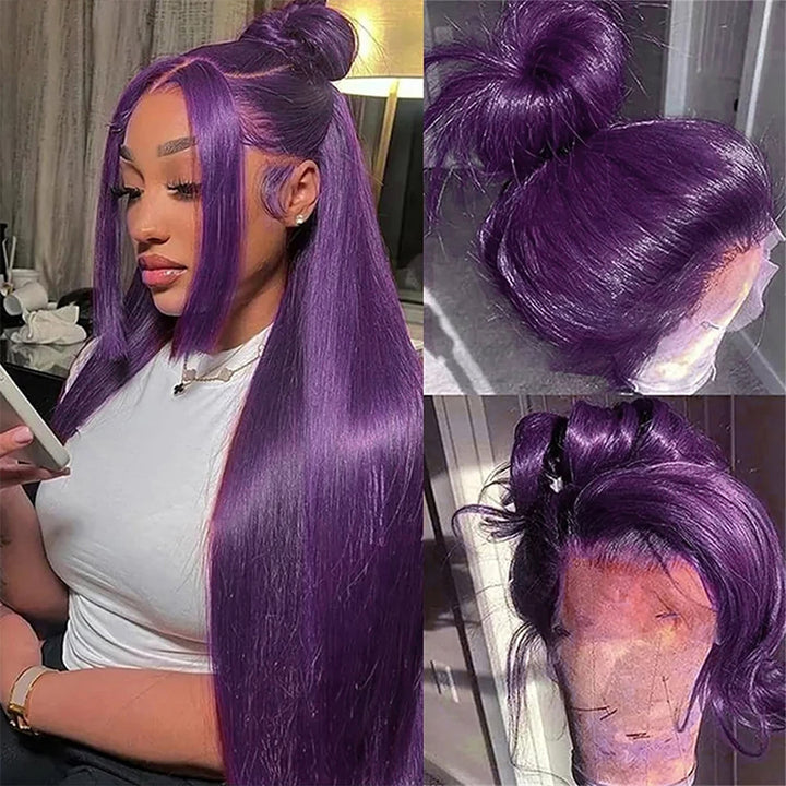 Dark Purple Straight Lace Front Wig Styled in a Half-Up Bun and Straight Down