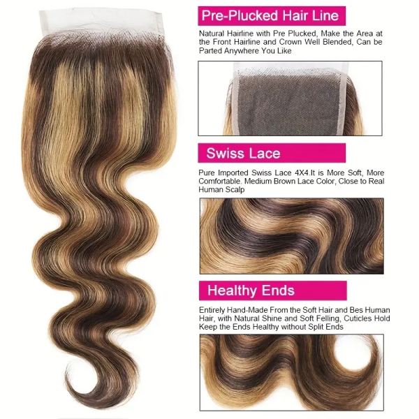 P4/27 Highlighted Body Wave Lace Closure With Swiss Lace and Pre-Plucked Hairline