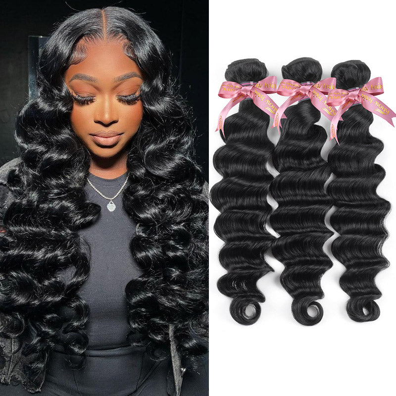 Loose Deep Wave Human Hair Bundles With Model Showcasing Wavy Black Hairstyle