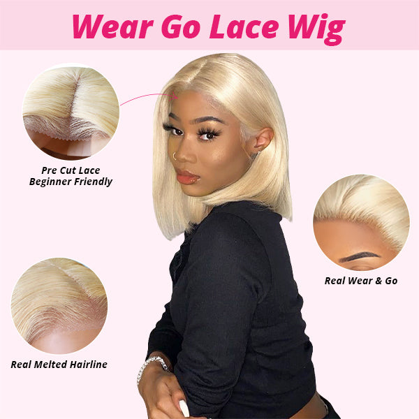 Woman Showing Honey Blonde Bob Wig With Pre-Cut Lace and Natural Hairline