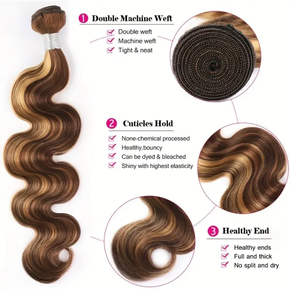 P4/27 Highlighted Body Wave Human Hair Bundle With Detailed Features