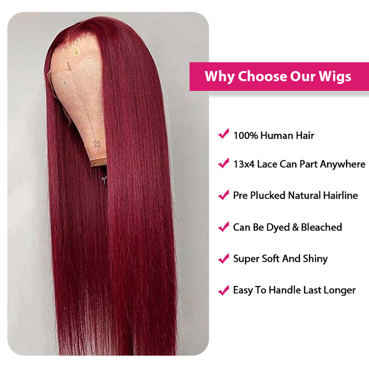 Burgundy Lace Front Wigs 32 Inch HD Human Hair Wigs Straight Colored Wigs With Baby Hair