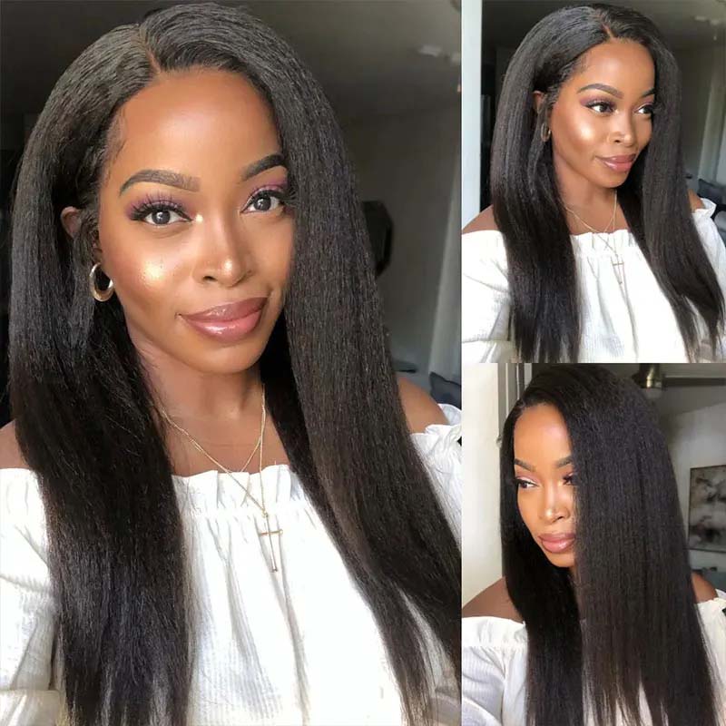 Model With Kinky Straight Human Hair Wig Exhibiting Shine and Natural Style