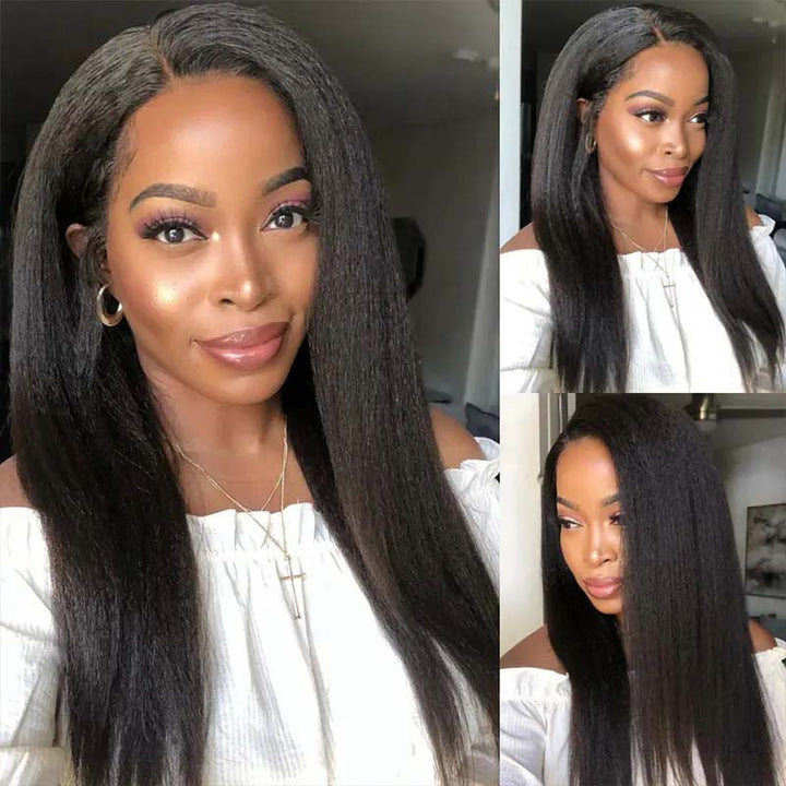 Model With Kinky Straight Human Hair Wig Exhibiting Shine and Natural Style
