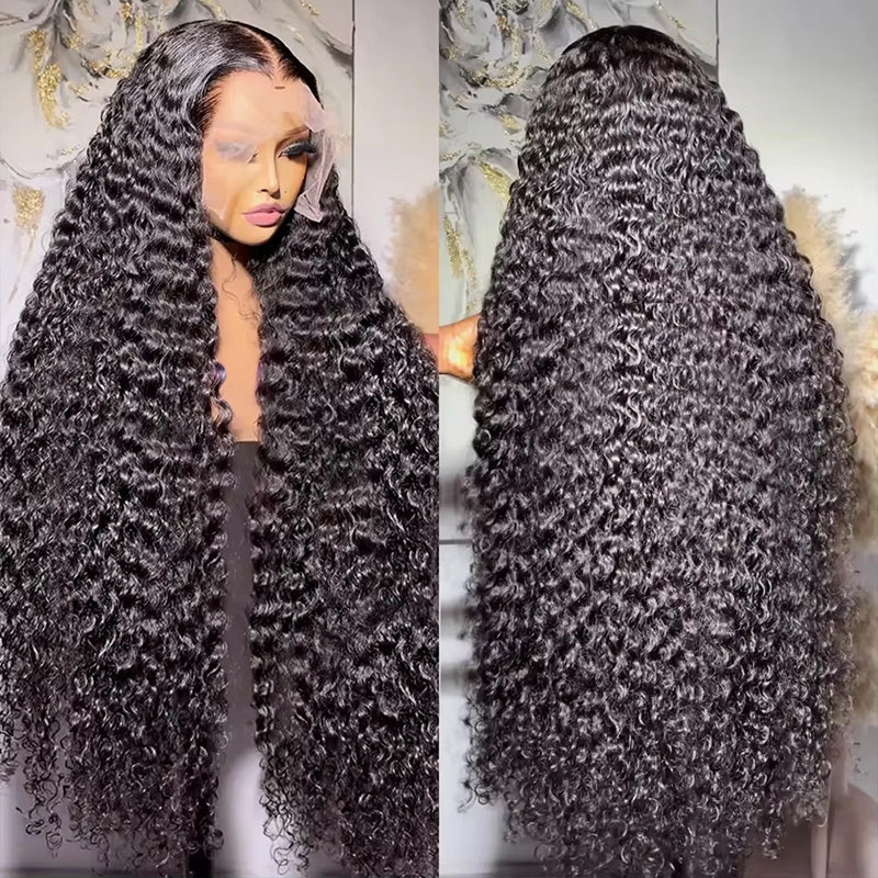 Deep curly frontal lace wig 13x6 Indian lace front in natural black on mannequin, styled with long deep wave textures