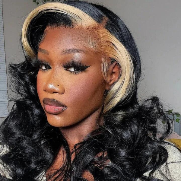 Glamorous Woman With Body Wave Wig and Blonde Skunk Stripes