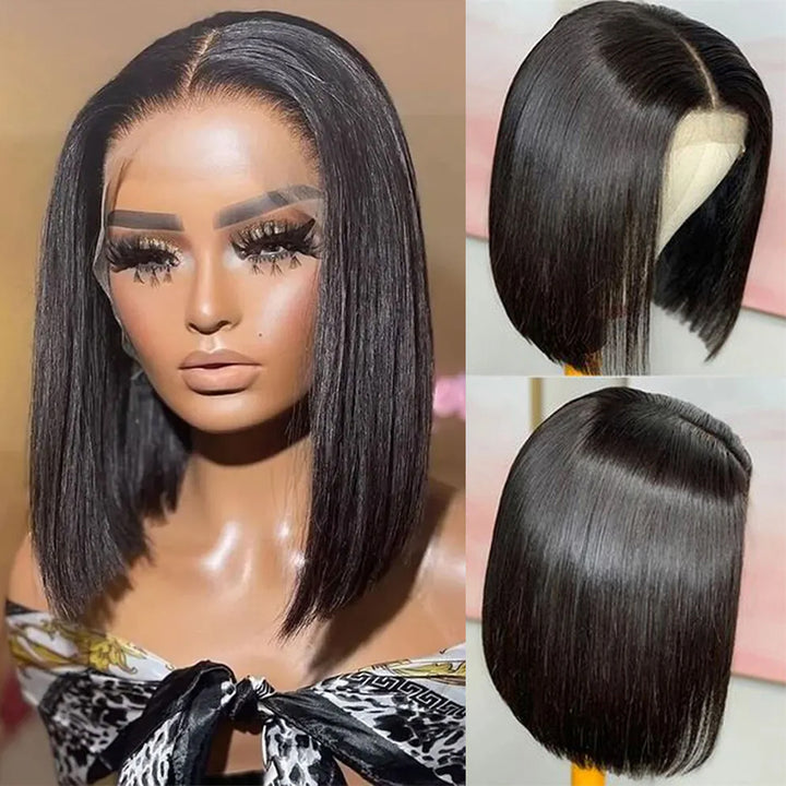 Straight Brazilian Bob Wig With Middle Part and Pre-Plucked Hairline Displayed On Model