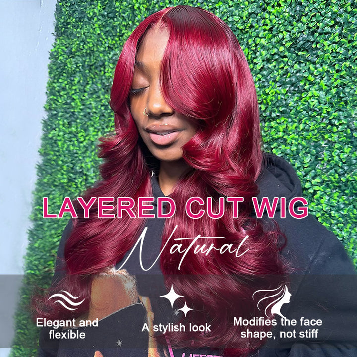 Burgundy Layered Cut Wig With Body Wave, Ishow Hair
