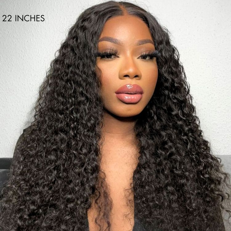 22-Inch Brazilian Deep Wave Wig Styled On a Model With Glossy Lips