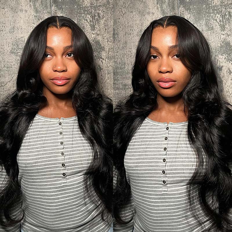 Model Showcasing Glossy Long Body Wave Hair Extensions, Wearing a Striped Top