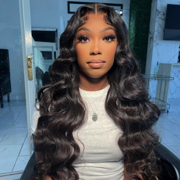 Model Showcasing 30-Inch Brazilian Body Wave Lace Closure Wig in Natural Black Color