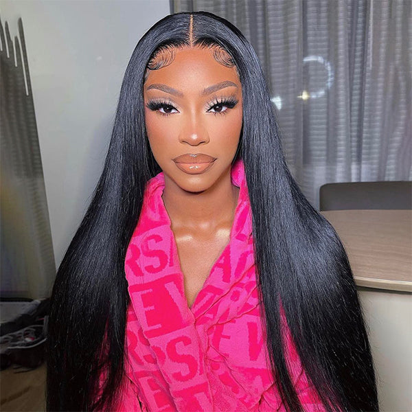Close-up of Ishow Beauty straight hair wig demonstrating the HD lace, invisible knots, skin melt real HD lace, invisible small knots, and pre-plucked hairline features.